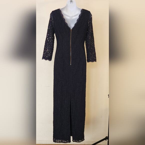 ADRIANNA PAPELL Navy Blue Floral Lace 3/4 Sleeve Evening Gown Maxi Dress Size 4 - Picture 7 of 13